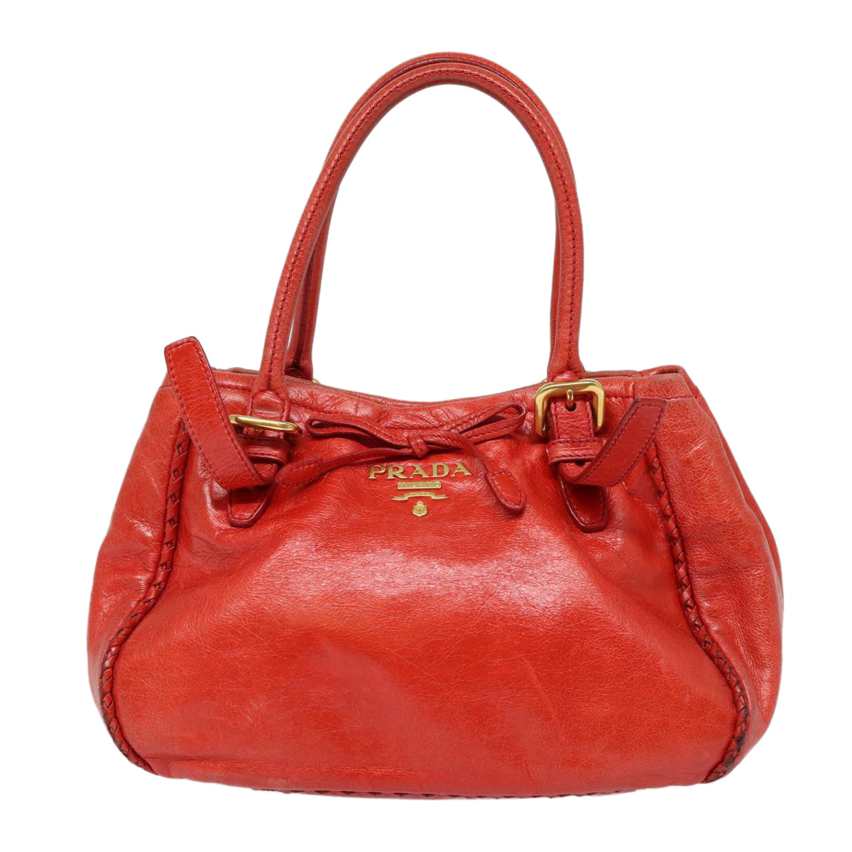 PRADA Hand Bag Leather Red Gold Auth bs17684