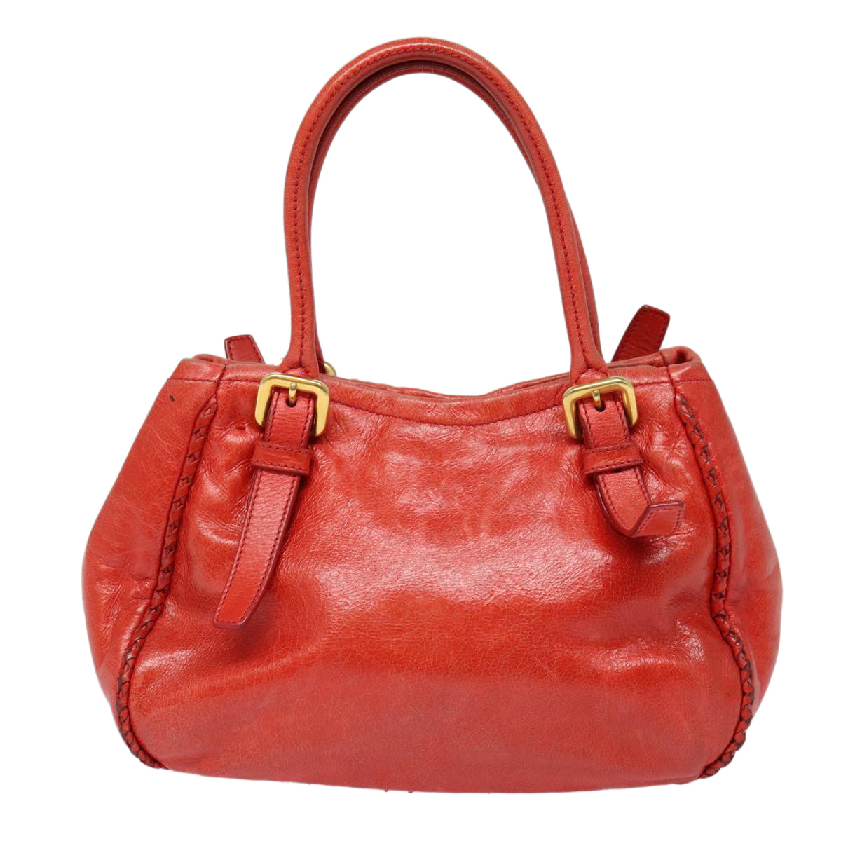 PRADA Hand Bag Leather Red Gold Auth bs17684