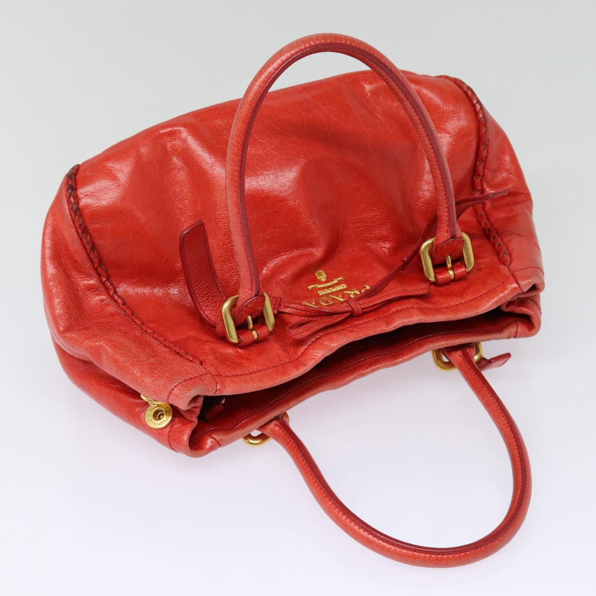 PRADA Hand Bag Leather Red Gold Auth bs17684