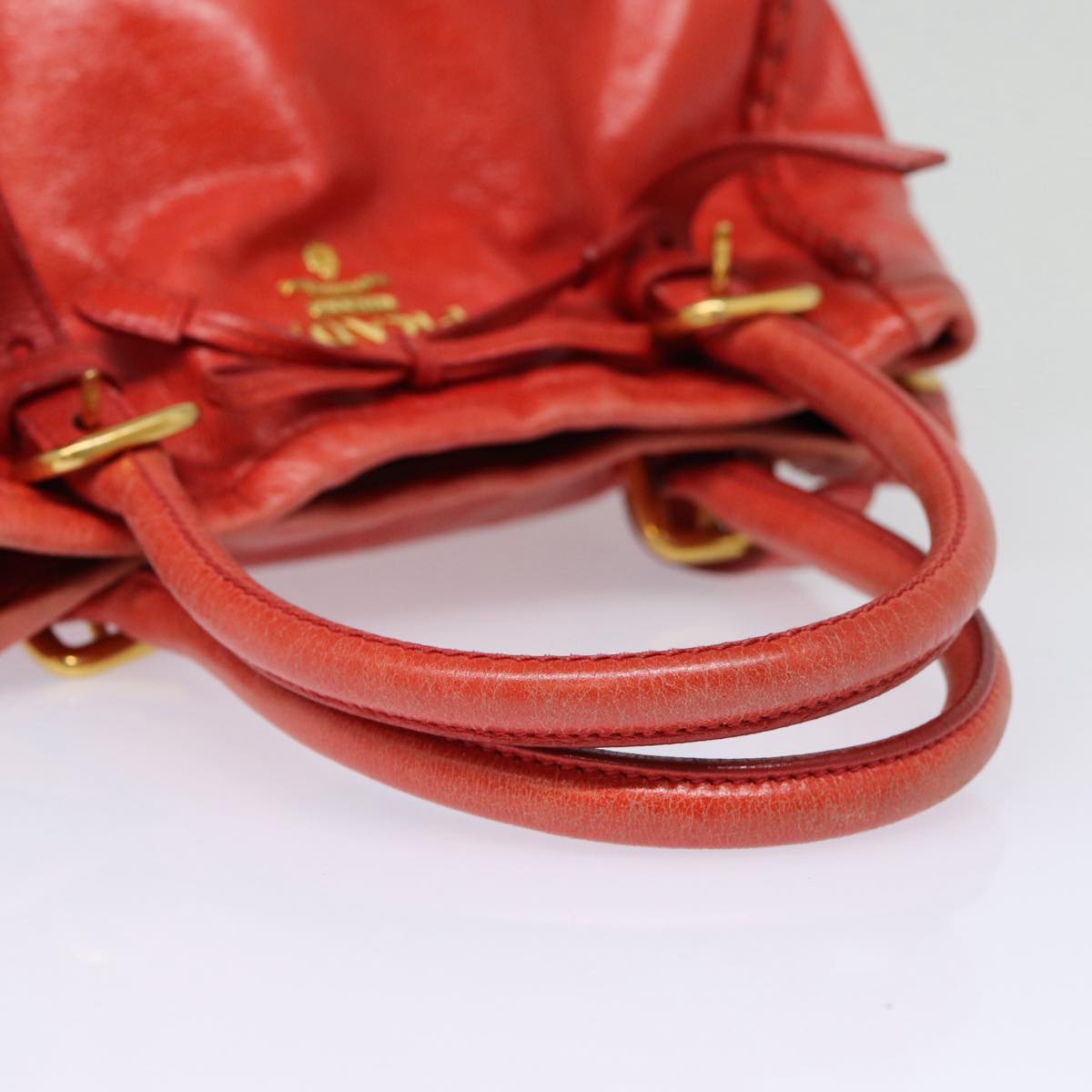 PRADA Hand Bag Leather Red Gold Auth bs17684