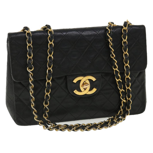 Chanel Big Matelasse Double Chain Shoulder Bag Lamb Skin Black CC Auth bs