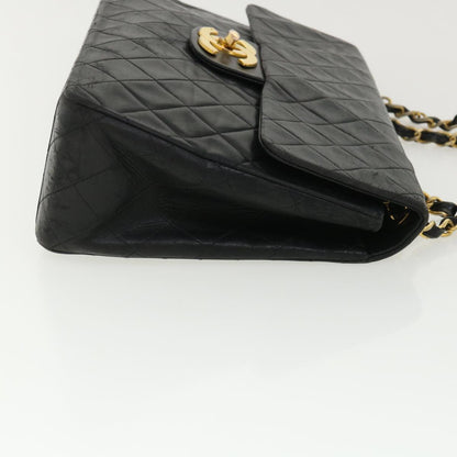 Chanel Big Matelasse Double Chain Shoulder Bag Lamb Skin Black CC Auth bs