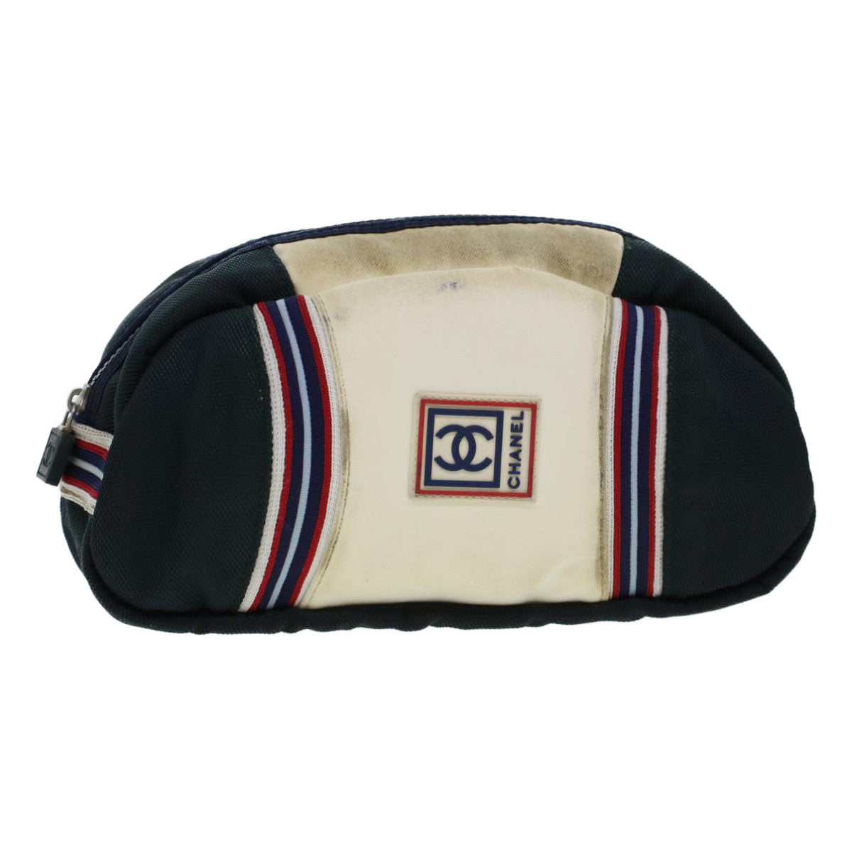 Chanel Clutch Bag Canvas White Navy CC Auth bs