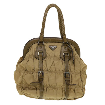 PRADA Clasp Shoulder Bag Nylon Beige Auth bs5822