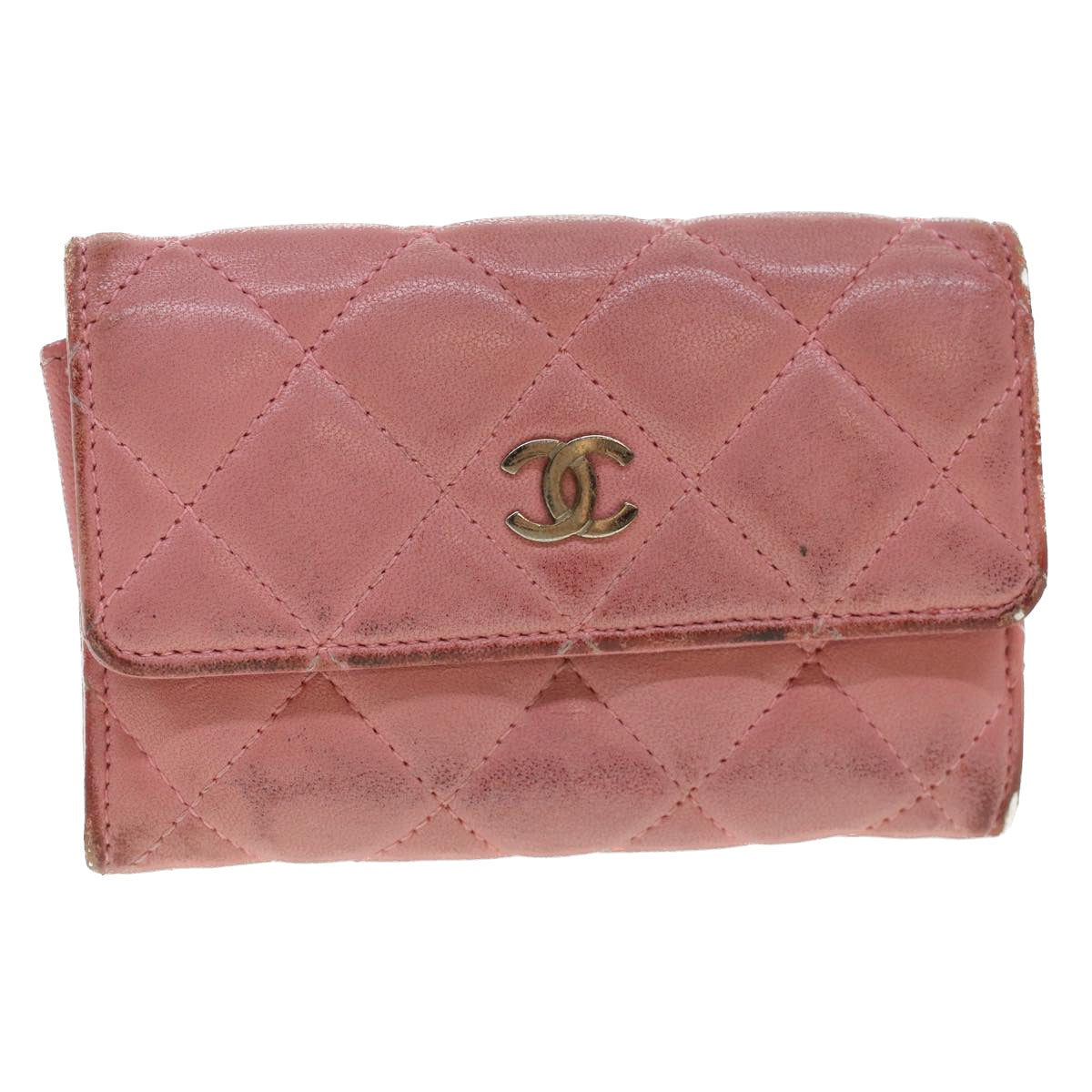 Chanel Matelasse Coin Purse Lamb Skin Pink CC Auth bs5967