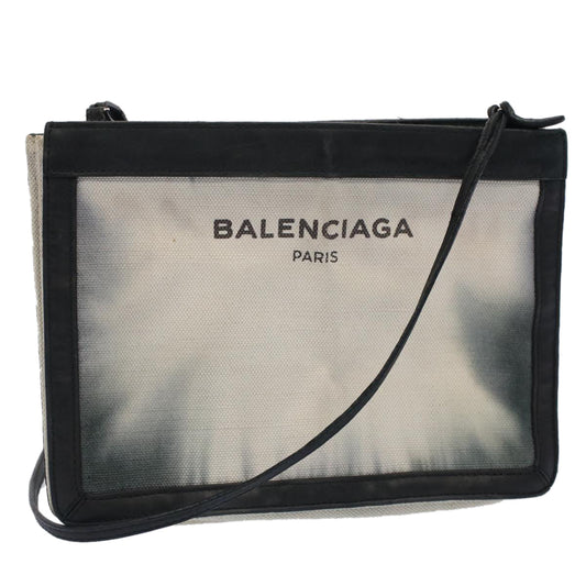 Balenciaga Shoulder Bag Canvas White Black Auth bs7585