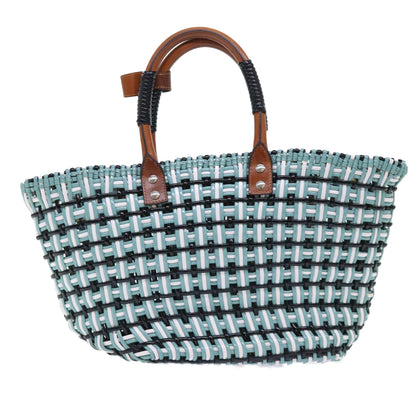 Balenciaga Tote Bag Leather Light Blue Black White Auth bs7863