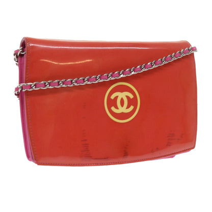 Chanel Chain Shoulder Bag Patent leather Orange CC Auth bs