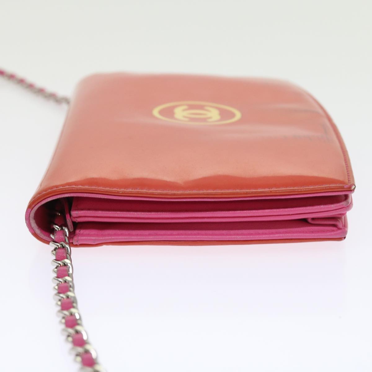 Chanel Chain Shoulder Bag Patent leather Orange CC Auth bs