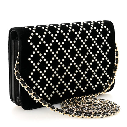 Velvet Pearl Diamond Embellished Wallet On Chain WOC Black