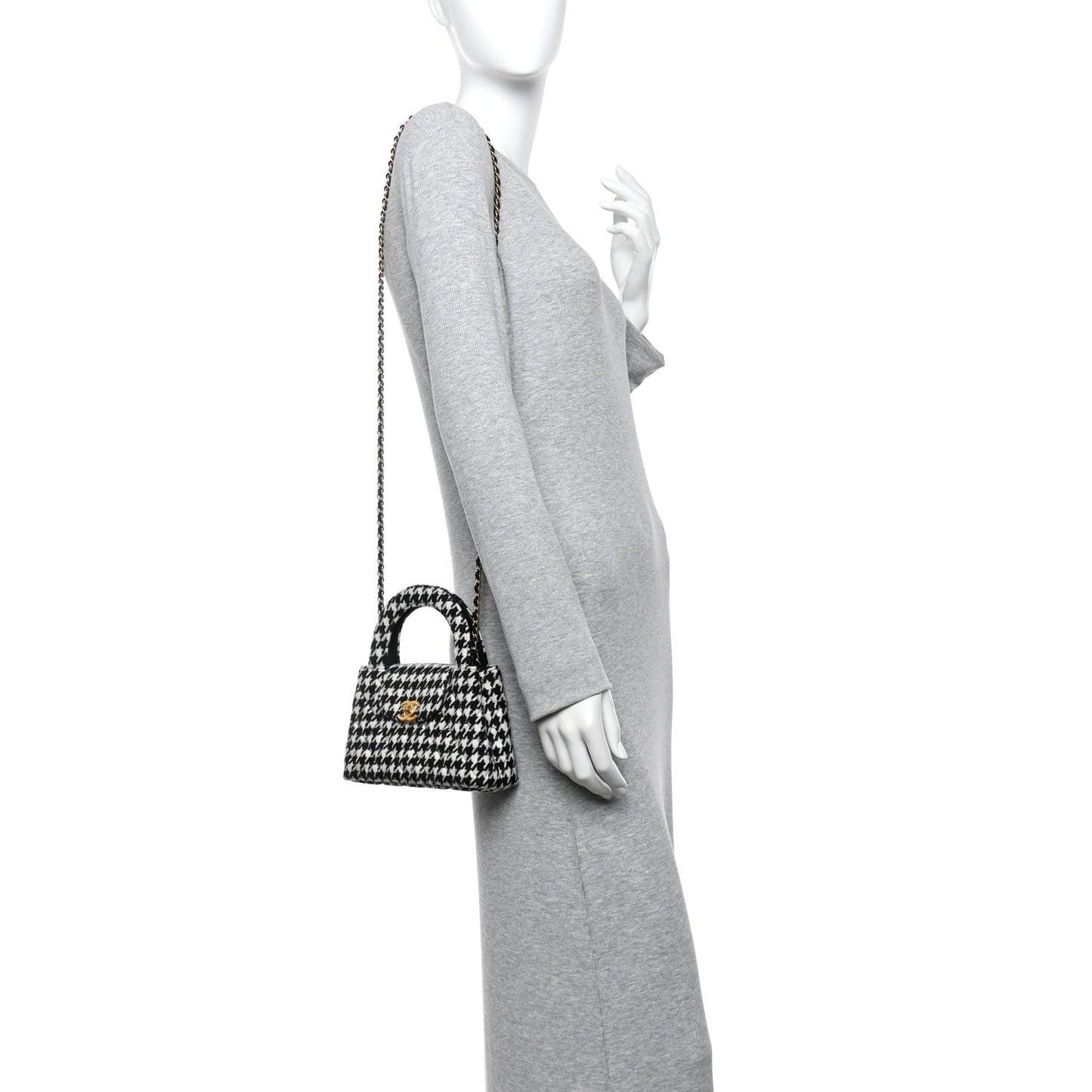 Tweed Houndstooth Quilted Nano Kelly Shopper Black White