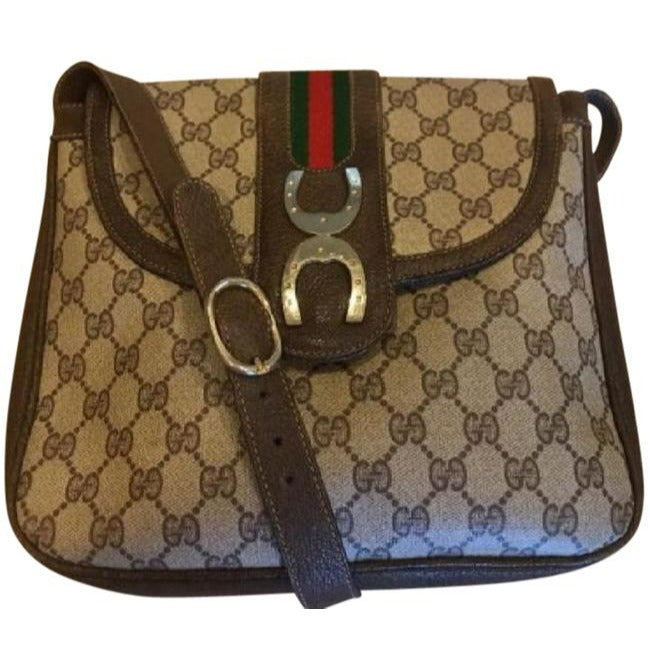 Gucci brown Guccissima print coated canvas and leather, XL, satchel/tote bag w horse shoe accent