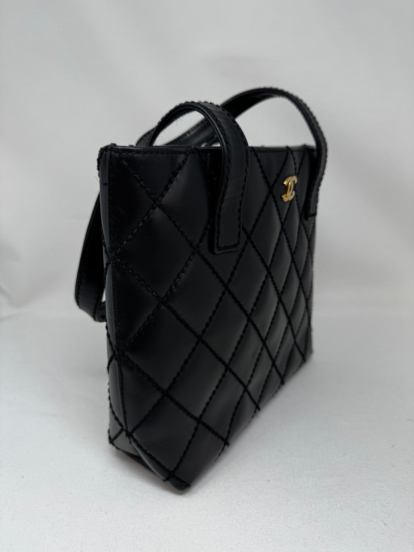 CHANEL Calfskin Quilted Small Surpique Stitch Tote Black B-
