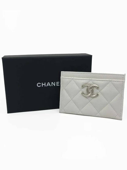 CC Logo Shiny Grained Calfskin Card Wallet White Chanel