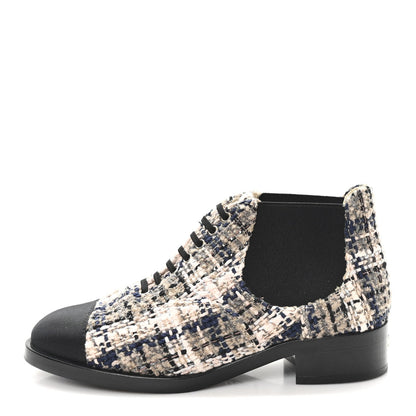 Tweed Calfskin Pearl Combat Short Boots 36 Beige Pink Black