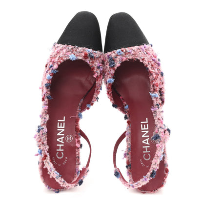 Tweed Grosgrain Cap Toe CC Slingback Pumps 36.5 Pink Black