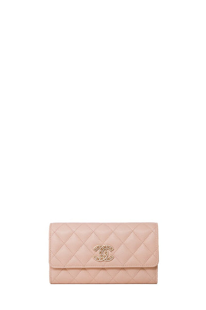 Chanel Light Pink Caviar  Quilted Crystal CC Large Gusset Flap  Wallet