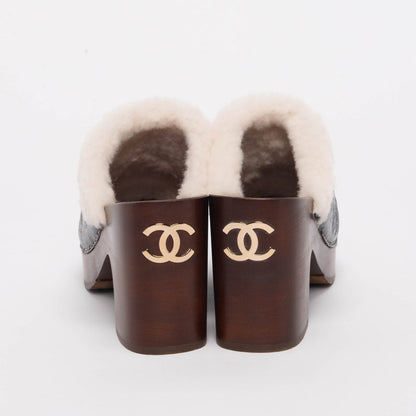 Chanel Black Crackled Sheepskin CC Clogs 38