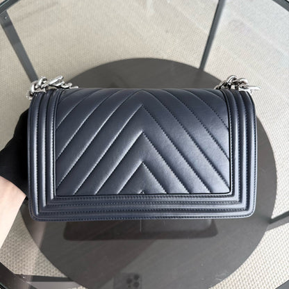 Chanel Boy Medium - 25CM Quilted Calfskin Dark Blue Silver Hardware Series 22