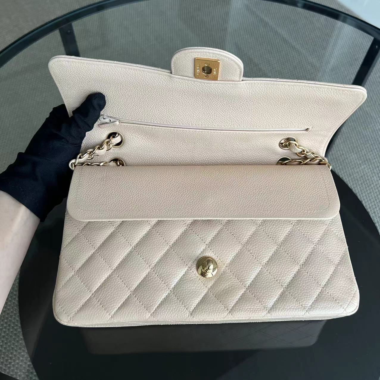 Caviar Double Flap Quilted Grained Calfskin Beige Golden Hardware Series 15