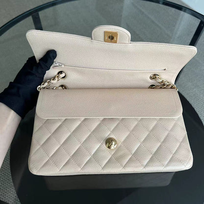 Caviar Double Flap Quilted Grained Calfskin Beige Golden Hardware Series 15