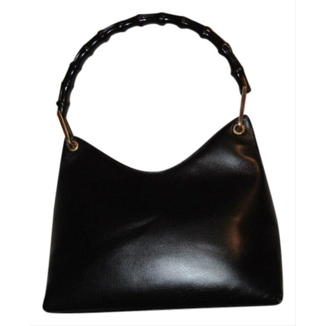 Gucci Vintage Pursesdesigner Purses Black Leather With V Top And Bamboo Handle Hobo Bag