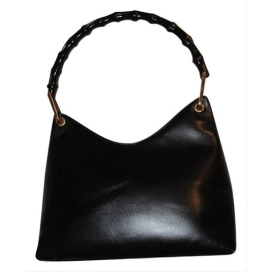 Gucci Vintage Pursesdesigner Purses Black Leather With V Top And Bamboo Handle Hobo Bag