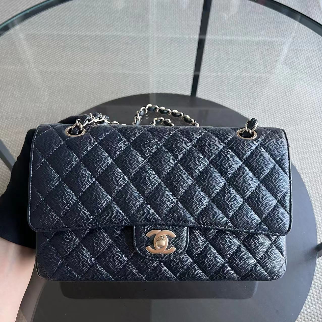 *Un, Full Set Receipt* Caviar Double Flap Quilted Grained Calfskin Dark Blue Golden Hardware Series 28