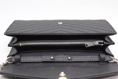 Yves Saint Laurent Cassandre Matelassé Chain Wallet In Grain De Poudre Embossed Black