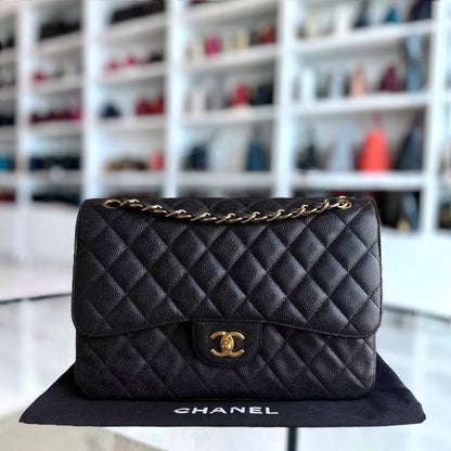 Chanel Classic Flap Jumbo - Caviar Double Flap 30CM Quilted Black Gold Hardware Series 15