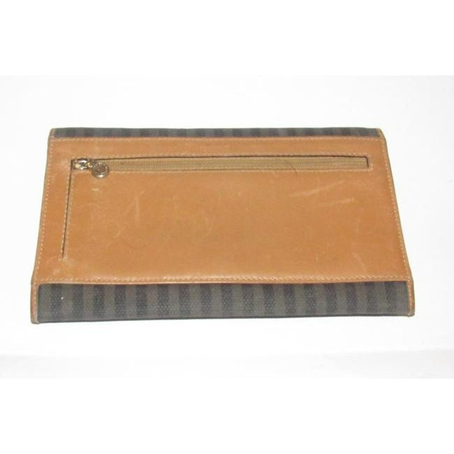 Fendi Brown And Black Thin Striped Coated Canvas And Camel Leather Xl Vintage Wallet