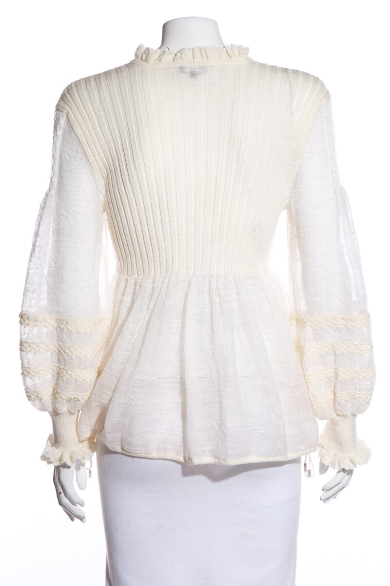 Chanel Ivory Lace Pattern Sleeves Ribbed Blouse SZ 42