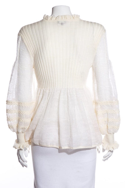 Chanel Ivory Lace Pattern Sleeves Ribbed Blouse SZ 42
