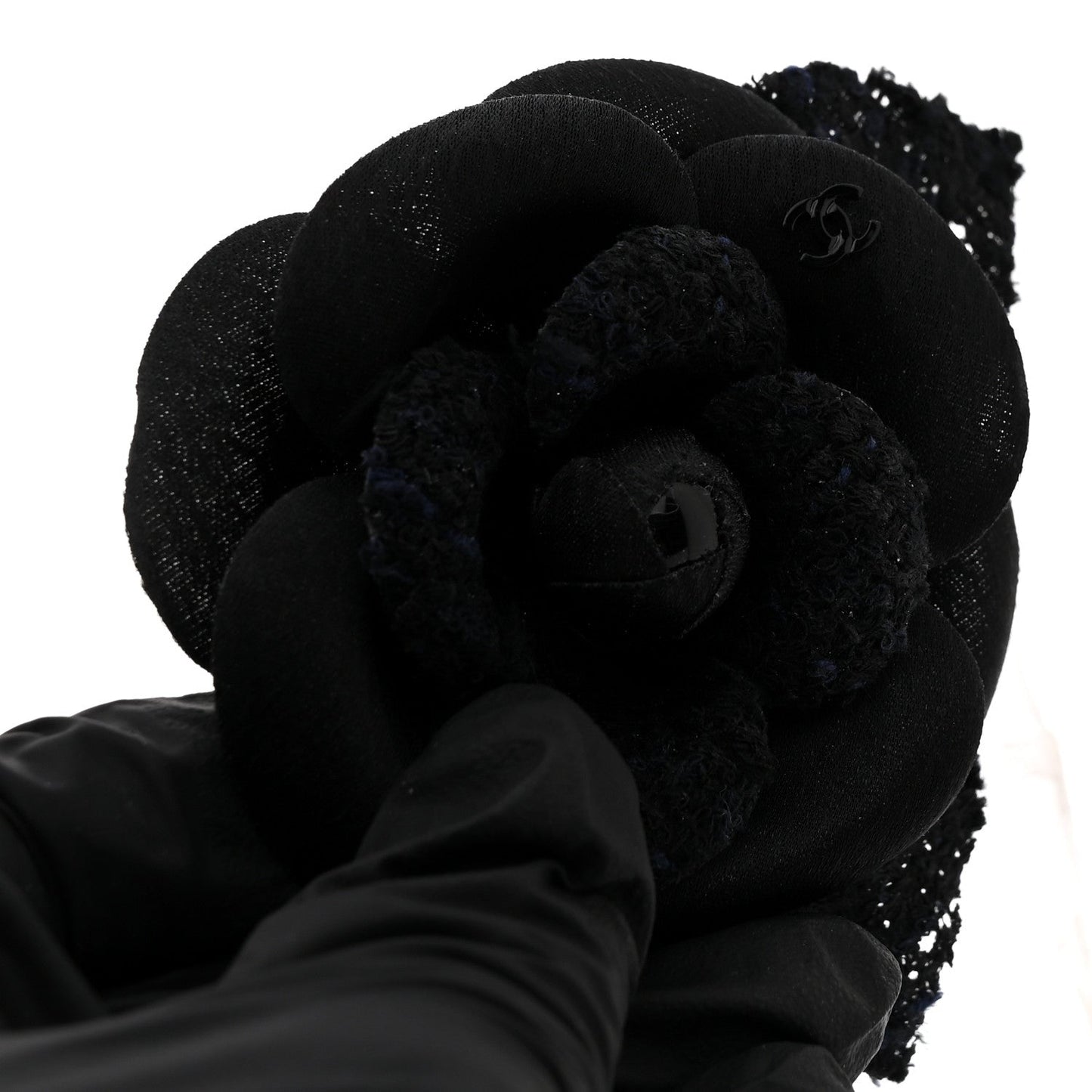 Tweed Fabric Camellia Pin Brooch Navy Blue Black