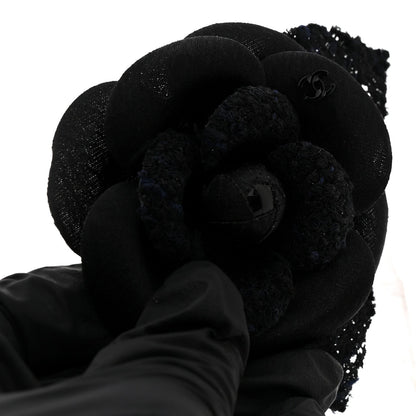 Tweed Fabric Camellia Pin Brooch Navy Blue Black