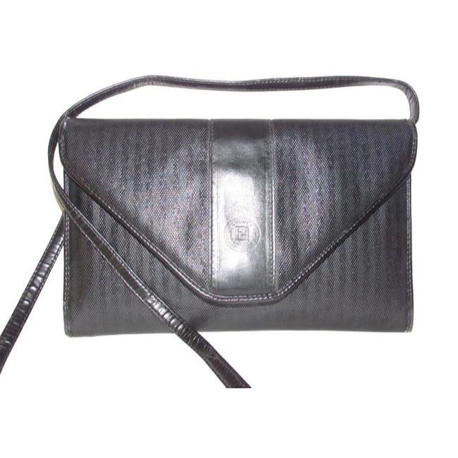 Fendi Vintage Pursesdesigner Purses Blackgrey Thin Stripe Print Canvas And Black Leather Coated Shou