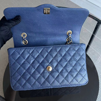 Crumpled Two Tone Flap Grained Calfskin Navy Blue Golden Hardware Series 21