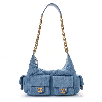 Washed Denim Quilted Cargo Large Hobo Light Blue