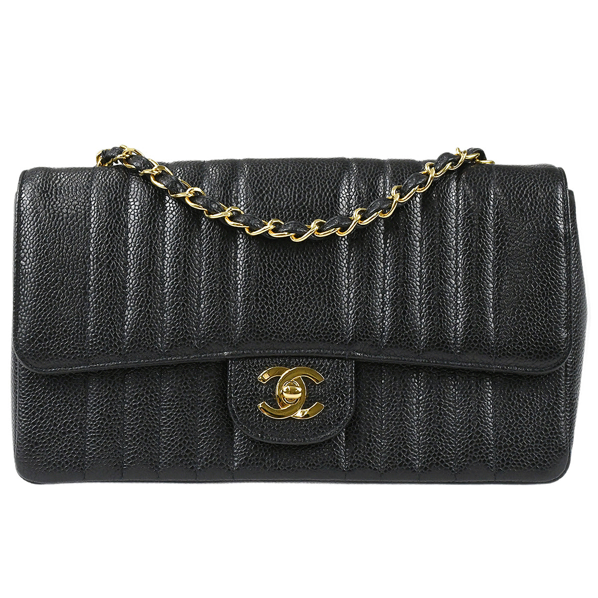 Chanel 1991-1994 Black Caviar Medium Vertical Stitch Classic Single Flap Bag