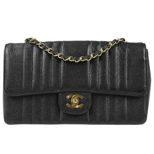 Chanel 1991-1994 Black Caviar Medium Vertical Stitch Classic Single Flap Bag