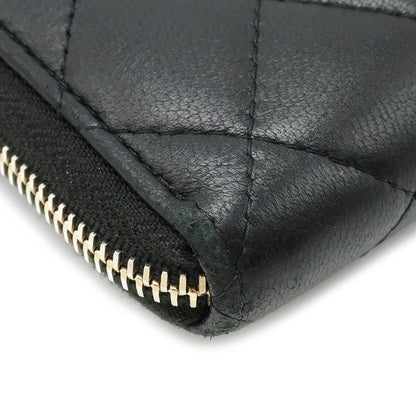 Chanel Wallet Inner Logo Kittening Round Fassner Long Wallet Ram Skin Leather Black Black Silver Gold  AP0041