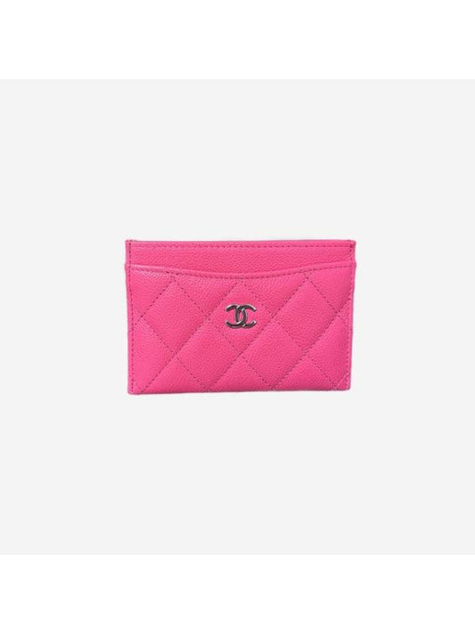 Silver CC Logo Caviar Card Wallet Fuchsia Chanel