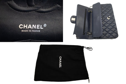CHANEL Navy Caviar Double Flap Chain Shoulder Bag Quilted Leather j44