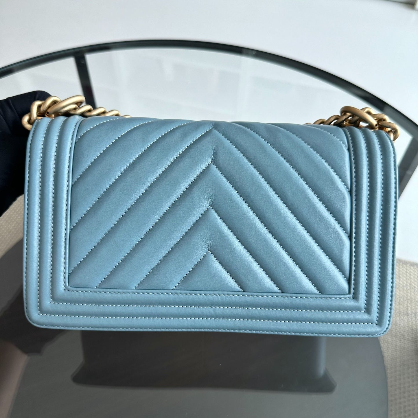 *Calfskin* Boy Old Medium 25CM Calfskin Chevron Leboy Baby Blue GHW No 25