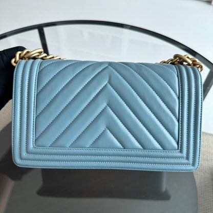 *Calfskin* Boy Old Medium 25CM Calfskin Chevron Leboy Baby Blue GHW No 25
