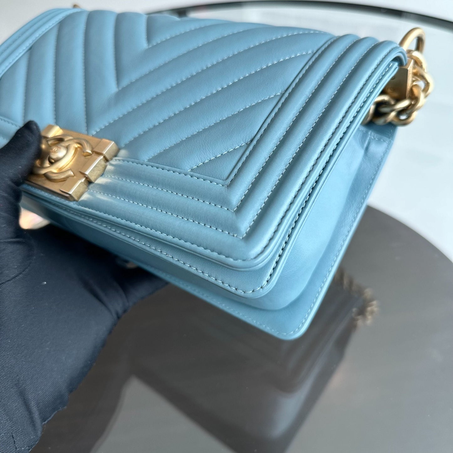 *Calfskin* Boy Old Medium 25CM Calfskin Chevron Leboy Baby Blue GHW No 25