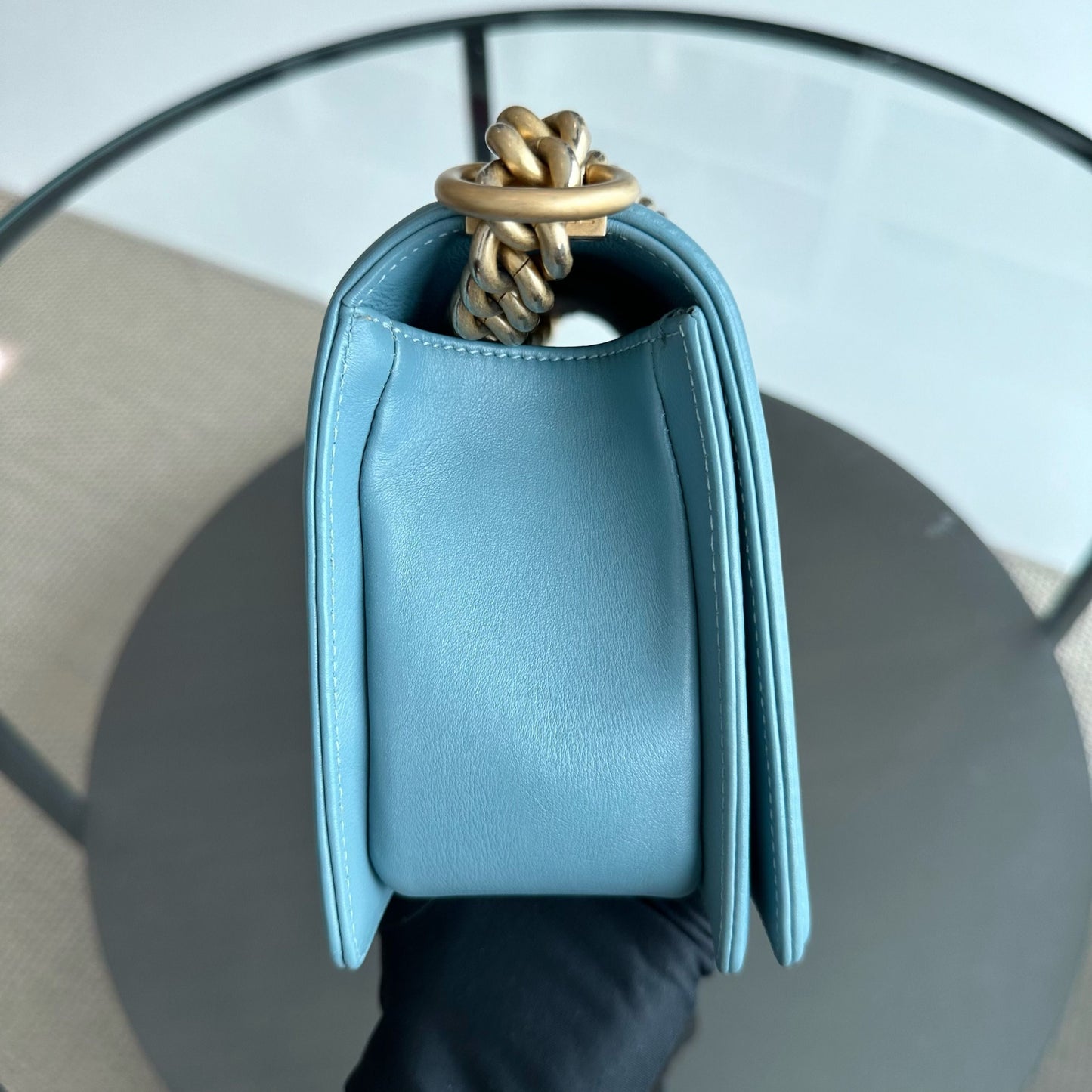 *Calfskin* Boy Old Medium 25CM Calfskin Chevron Leboy Baby Blue GHW No 25
