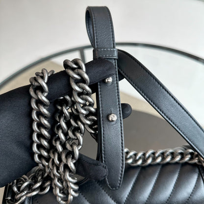 *Calfskin* Boy Old Medium 25CM Chevron Calfskin Leboy Black RSHW No 20
