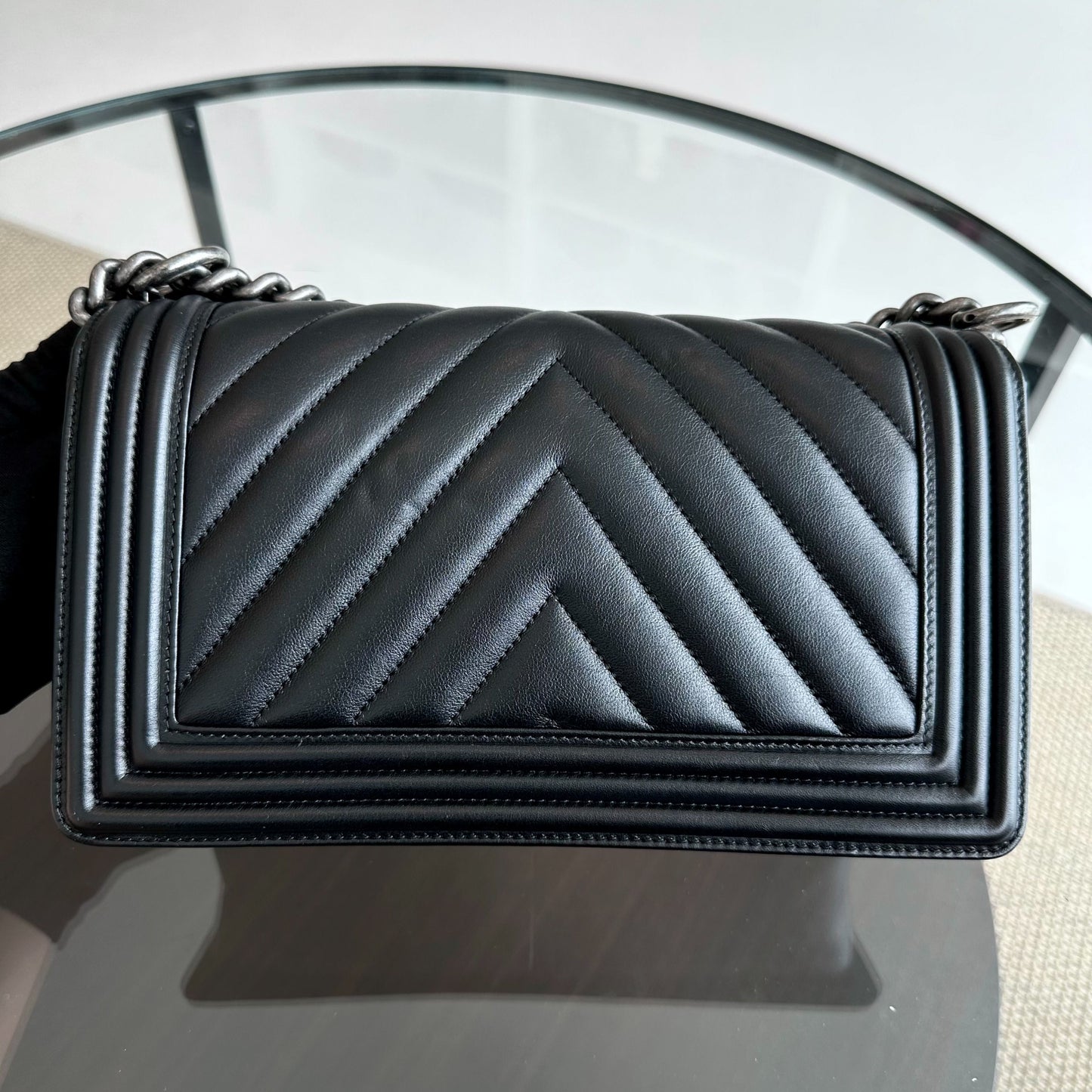 *Calfskin* Boy Old Medium 25CM Chevron Calfskin Leboy Black RSHW No 20