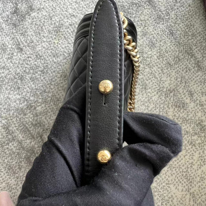 *Calfskin* Boy Old Medium 25CM Quilted Calfskin Black Leboy Golden Hardware Series 20